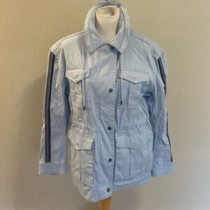 ATM Size Large Light blue Hidden Hood Zip/Buttonup Coat with Stripes